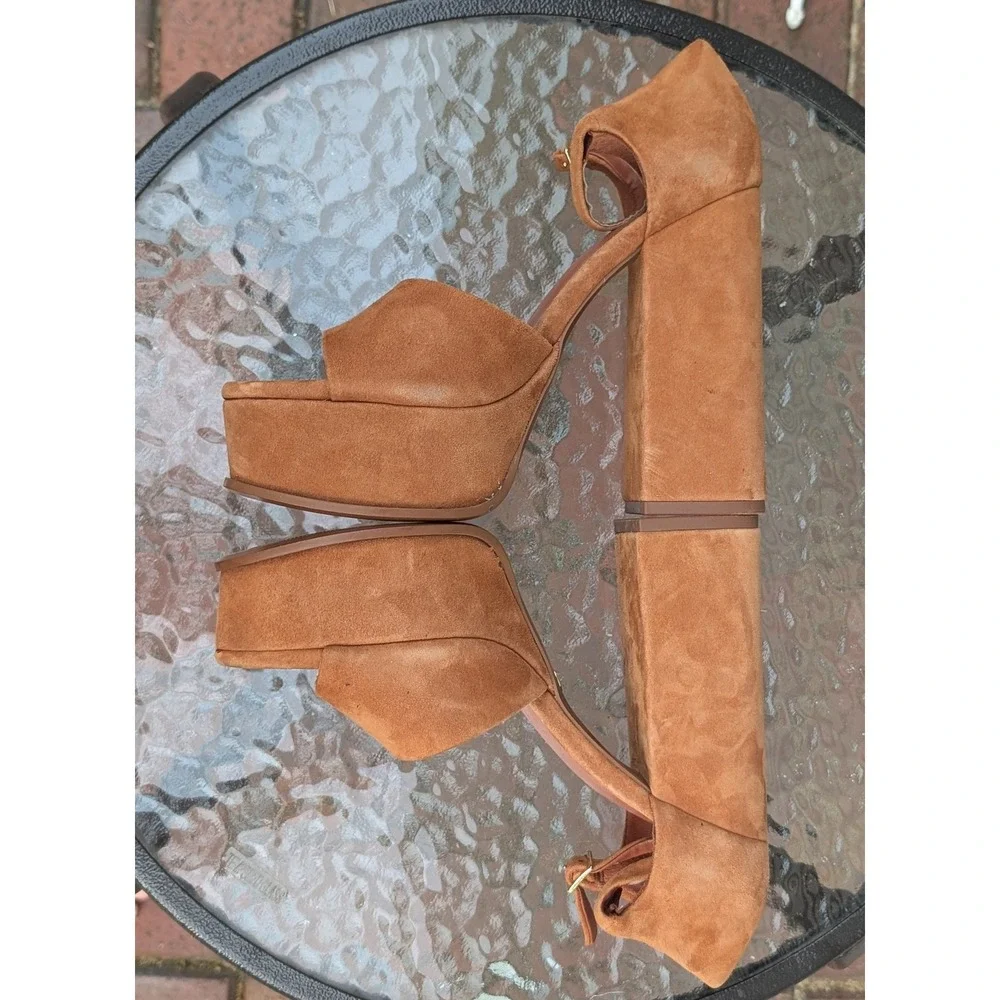 Zara EU 37 US 7 Brown Faux Suede Platform Block Heel Ankle Strap Sandals Retro